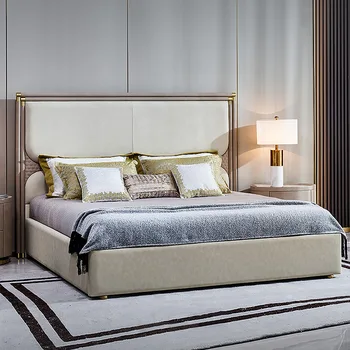 Italijos šviesos prabangos stiliaus BV austi miegamojo dvigulė lova, 1.8 m karalienės lova vestuvių kambario medžio masyvo oda lova