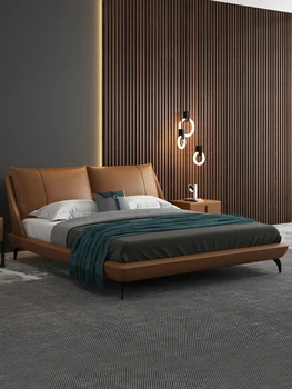 Italijos šviesos prabangus odinis lova, Miegamojo Liukso didelis lova modern paprastas minkštas krepšys net raudona lova ins miegamasis 2021 oranžinė