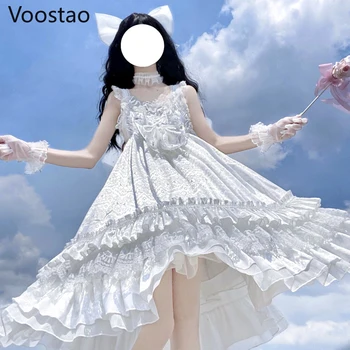 Japonijos Saldus Lolita Jsk Suknelė Moterims, Elegantiškas Lankas Raukiniai, Nėriniai Balta Gėlė Vestuvių Suknelės Girly Mielas Princesė Šalies Kostiumai