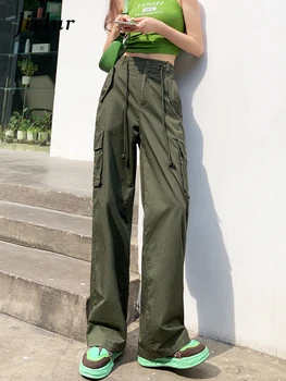 Jielur Amerikos Mados Hip-hop Moterų Chalatas High Street Krovinių Kelnės Armijos Žalioji Abrikosų Kelnės Multi-kišenės, Platus Kojos Kelnės