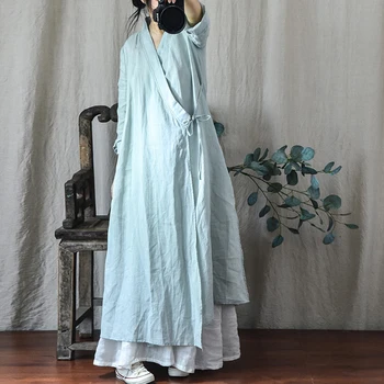 Johnature Moterų Kinų Stiliaus Tvarstis Suknelės V-Kaklo Vientisos Spalvos Lino Drabužius 2023 M. Rudenį Naujų Derliaus-Line Moterų Suknelės