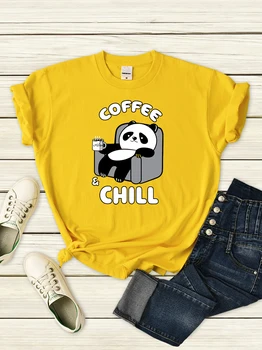 Kavos Ir Chill Kawaii Panda Moterų Marškinėliai Vasaros Mados Marškinėlius Kvėpuojantis Prarasti Trumpomis Rankovėmis, Gatvės, Hip Hop, T-Marškinėliai Moteriška