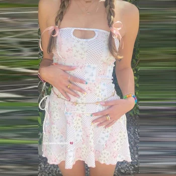 Kawaii Retro Gėlių Spausdinti Aukštos Juosmens Kaklaraištis Iki A-line Suknelė Moterims Seksualus Stebėjimo Backless Mini Suknelė 90-ųjų Derliaus Y2K Pasakų Drabužius