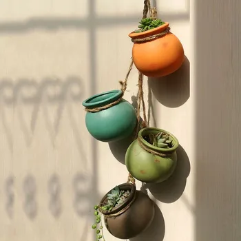 Keramikos Mini Zakka Kanapių Virvė Vazonas Kūrybos Sienos Kabo Sodinamoji Sultingi Augalai Vaza Bonsai Puodai Namų, Sodo Dekoro Amatai