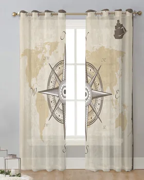 Kompasas Jūrmylių Žemėlapio Mastelis Raidžių Burlaivis Tiulio Užuolaidos Gyvenimo Kambario, Miegamasis Vienspalviai Voile Dekoratyvinis Veiling Vien Portjeras