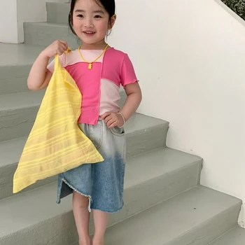Korėjos Vaikų Drabužių Vasaros Vaikų Mergaičių Megzti Susiuvimo Nereguliarus Top marškinėliai
