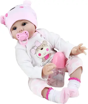 Kūdikių Lėlės - Silikono Lėlės Mergina su Minkšta Kūno | 22 Colių Kūdikių Žaislai ir Drabužiai, Žindukas, Kūdikių Buteliukas, Gimtadienio Dovanų Rinkinys