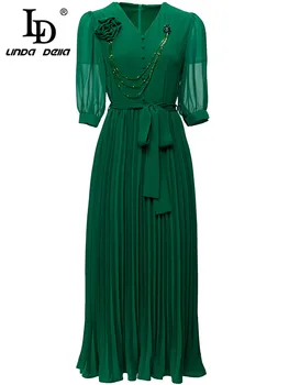 LD LINDA DELLA Mados Dizaineris Vasaros Suknelė Moterų V-Kaklo Duobute Puoštas Juostinės Didelės juosmens žaliai Klostuotas 