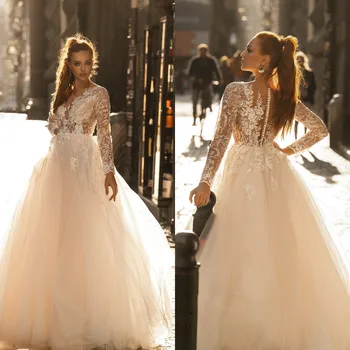 Linijos Šampano Vestuvių Suknelės, Nėriniai Aplikacijos ilgomis Rankovėmis Vestuvinės Suknelės Mygtukus Atgal vestidos de novia Pagrindinis Suknelė Nuotaka
