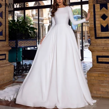 MYYBLE Vintage-line Vestuvių Suknelė iki 2021 m. Atspindintis Suknelė Mygtuką Ritininės ilgomis Rankovėmis Teismas Traukinio Purus Paprasta Nuotakos Suknelė