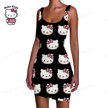 Mados Ruožas Mini Suknelė Moterims Seksualus Dirželiai Slim Fit Bodycon Šalies Vestidos Hello Kitty Spausdinti Dirželiai Suknelė Vasaros Diržas Dreses