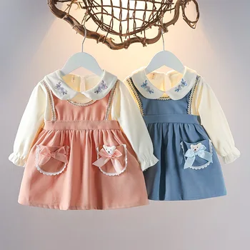 Mergaitės Suknelė Baby Girl Pavasario Komplektus Drabužius ilgomis Rankovėmis Suknelė 2in1 Dizaino Vaikiška Kūdikių Drabužių Medvilnės Suknelės 6M-4T