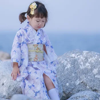 Merginos, Mėlyna Spausdinti Japonų Kimono Stiliaus Kūrybos Vaikų Japonijos Yukata Baby Nuotrauka Tradicinės Veiklos Kostiumai LC059