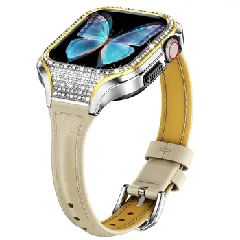 Metalo Bling Atveju+Odinis Dirželis, Apple Watch Band 41mm 40mm, Nerūdijančio Plieno, padengti Deimantų+apyrankė iwatch serijos se 7 6 5 4 8