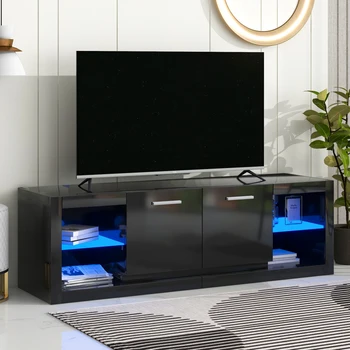 Modernus TV Stovas su 2 Grūdinto Stiklo Lentynos, blizgančios Pramogų Centras , Elegantiškas TV Spintelė su LED Spalva Keičiasi Ligh