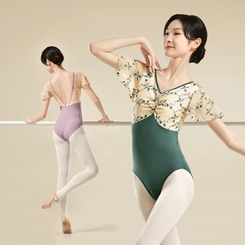Moteris, Baleto Triko Siuvinėjimo trumpomis Rankovėmis, Šokių Triko Nailono Sudurti V-kaklo Baleto Bodysuit Gimnastikos Triko
