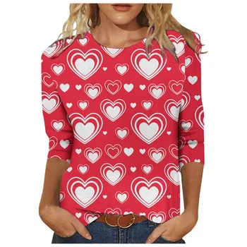 Moterų Mados Atsitiktinis Temperamentas Valentino Diena Meilės Spausdinti Septynių ketvirčių Rankovės Viršuje Camisas Mujer