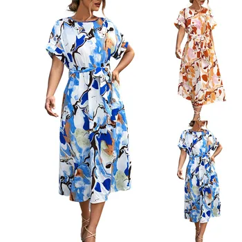 Moterų Vasaros Vintage Suknelė Spausdinimo išskaptuotas Pradeda Šalis Suknelė Trumpas Rankovėmis Sundress Boho Stebėjimo Suknelė Swing Suknelė