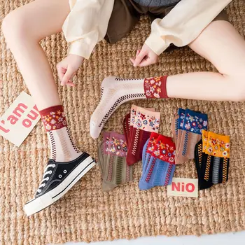 Moterų kojinės Pavasarį ir Rudenį Naujų Senovinių Gėlių Vidurio vamzdis Kojinės Japonijos korėjiečių Stiliaus Mados Juokinga Medvilnės Kojinės
