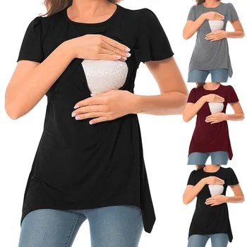 Motinystės Slaugos Viršūnes Nėščių Moterų Nereguliarus Hem Tee Krūtimi Atsitiktinis Marškinėliai Trumpomis Rankovėmis Pagrindinio Slaugė Marškinėliai Kietas Viršūnes
