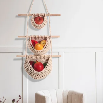 Namų virtuvėje trijų pakopų vaisiai kabo krepšelį Bohemijos dekoratyvinis vaisių ju maišelį austi daržovių ir vaisių net krepšys