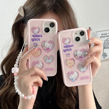 Nauja Rožinė Sanrio Hello Kitty Blizgučiai Širdies su Apyrankė Telefono dėklas skirtas IPhone 14 13 12 11 Pro Max Plus 14 Pro Galinį Dangtelį