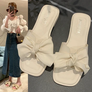 Nauja Vasaros 2023 Mažai obcasie Šlepetės Moterų Mados Prekės ženklo Dizainas Atsitiktinis Balta Bowknot Sandalai Didelių Metrų Batai