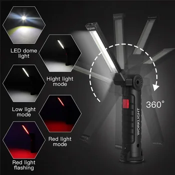 Naujas Nešiojamas COB LED Žibintuvėlis USB Įkrovimo Darbą Šviesos Magnetinis Lanterna Kabo Lempa su įmontuota Baterija Kempingas Fakelas
