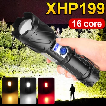 Naujausias XHP199 Galingas LED Žibintuvėlis USB Įkrovimo Taktinis Flash Šviesos 18650 Medžioklės Fakelas Zoomable High Power LED Žibintų