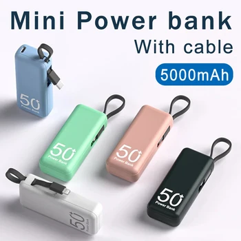 Nešiojamų Galia Banko 5000mAh Mini PowerBank Pastatytas Kabelis Išorės Baterijos, Greitas Įkroviklis iPhone Samsung 