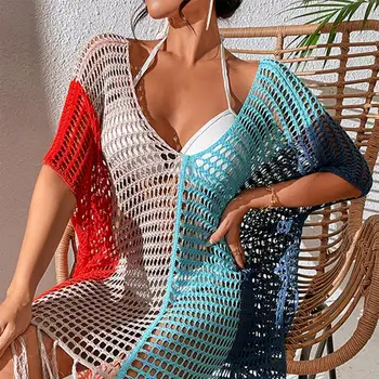 Padengti Iki Minkšto Audinio Suknelė su V-Kaklo Paplūdimio Suknelė Anti-UV Kvėpuojantis apsaugos nuo Saulės Suknelė Pusės Split Pusė Rankovės Bikini Padengti Iki