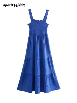 Pavasarį, Vasarą, Elegantiška Mėlynos Suspender Ilga Suknelė Moterų Sexy Off Peties Elastinga Krūtinės Plisuotos Suknelės Lady Negabaritinių Suknelė