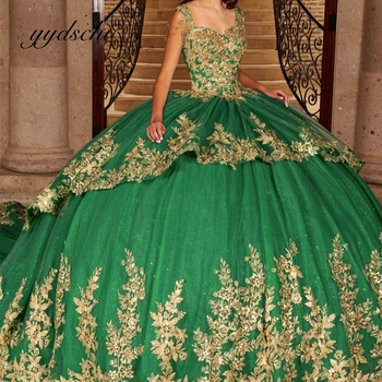 Prabanga Quinceanera Suknelės, Šaliai, Blizga Elegantiškas Nėrinių Aplikacijos Vakarą Teismo Traukinio Promenadzie Suknelė Moterims Tiulio 2023 Žalia Kamuolys Suknelė