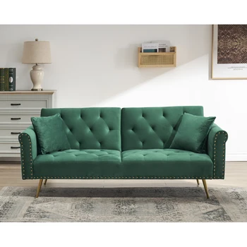 Prabanga ir Minimalistinio Green Velvet Vinies Galvutės Sofa-Lova su Pagalve ir Metalo Kojos, Tinka Miegamieji,gyvenamieji Kambariai
