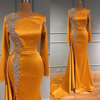 Prabangus Apelsinų Vakare Šalis Suknelė 2023 O-kaklo Rankoves Satino Undinė Įžymybė Prom Oficialią Chalatai Vestidos De Fiesta
