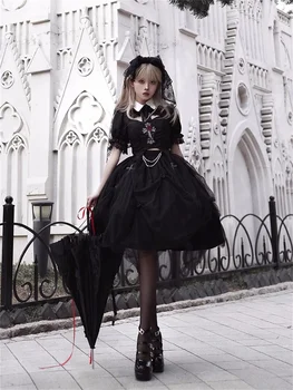 Prancūzijos Derliaus Elegantiškas Gotikos Stiliaus Cosplay Lolita Saldus Mergaičių Op Tamsiai Siuvinėjimo Kryžiaus Rožių Gėlių Perlai Grandinės Tunika Suknelė