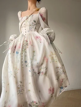 Prancūzijos Elegantiškas Gėlių Midi Šifono Suknelė Ilgomis Rankovėmis Vakare Šalis Suknelė Moteris Paplūdimio Pasakų One Piece Suknelė Korėjos 2023 Vasaros