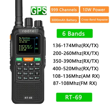 Radtel RT-69 GPS 10W 6 Juostų Mėgėjų Kumpis Du Būdu Radijo 999CH Oro Band Walkie Talkie SOS Spalvotas LCD Policijos Skaitytuvo Aviacijos Grupė