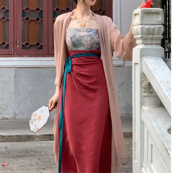 Raudona Qipao Nustatyti Elegantiškas Moteris Hanfu Drabužius Pagerinti Kinų Stiliaus Suknelės Cami Zen Cheongsams Akių Cardigan Skraiste Spausdinti Vestidos