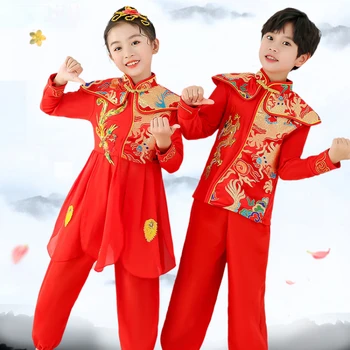 Raudona Yangko Liaudies Kostiumas Kinų Stiliaus Gerbėjas Šokių Nacionalinės Hanfu Drabužiai Mergaitėms Elegantiškas Skėtis Juosmens Būgno Kostiumas Veiklos