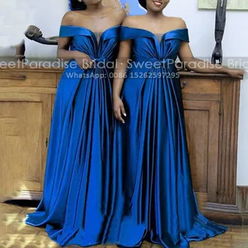 Royal Blue Klostyti Linijos Bridesmaid Dresses Su Laivapriekio Off Peties Satin Black Merginos Ilgai Vestuvės Dress Maid Of Honor