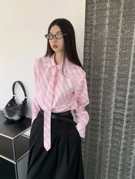 Rožinis Dryžuotas Su Necktie Mygtuką Iki Marškinėliai 2023 Vasarą Moterys Korėjos Dizaineris Ilgomis Rankovėmis Viršų Ir Palaidinė