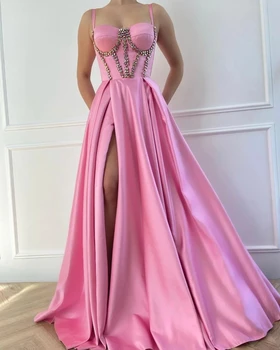 Rožinė Maroko Vakaro Suknelės-line Spagečiai Dirželiai Satino Kristalai Ritininės Ilgai Turkija Dubajus, Saudo Arabija Prom Dresses Suknelė