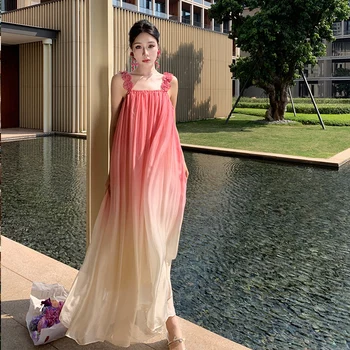 Rožinės Spalvos Gradientas Suspender Suknelė Moterims Vasaros Gėlių Rankovių Prarasti Sundress Atostogų Paplūdimyje Elegantiškas Ilgas Sukneles