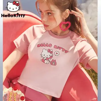 Sanrio Hello Kitty Kontrastas Trumpomis Rankovėmis T-Shirt Moterims, Y2k Korėjos Mados Anime Spausdinti Viršuje Saldus Kawaii Tees Drabužius Vasarą 2023