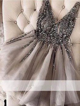 Sidabro Homecoming Suknelės-line V-kaklo Tiulio Perlai, Kristalai Trumpą Mini Elegantiškas Kokteilių Suknelės
