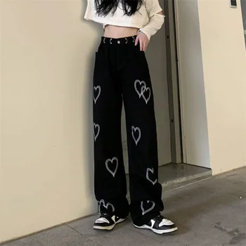 Streetwear Mados Moterų Black Wide Kojų Džinsus, Pavasarį, Rudenį Korėjos Atsitiktinis Kelnės Hip-Hop Harajuku Rūpestinga Prarasti Tiesios Kelnės