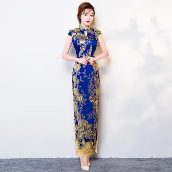 Tradicinis kinų Qipao Lady Elegantiški Siuvinėjimai Blizgančiais Modernus Rytietiškas Ilgai Cheongsam Moterų Vakare Vestuvės Dress