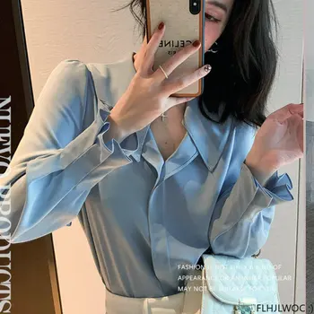 V Kaklo Darbo Viršūnių 2023 Moterų Korėjos Stiliaus Dizaino Drabužiai Ilgomis Rankovėmis Elegantiškas Office Lady Mielas Mėlyna Balta Pagrindinės Marškiniai, Palaidinės