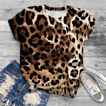 Vasaros Leopard Gėlių 3D Print T-shirt Moterims Gėlių Abstrakčiai T Shirts Streetwear Negabaritinių Y2k Seksualus Viršūnes Tees Moteris Drabužiai